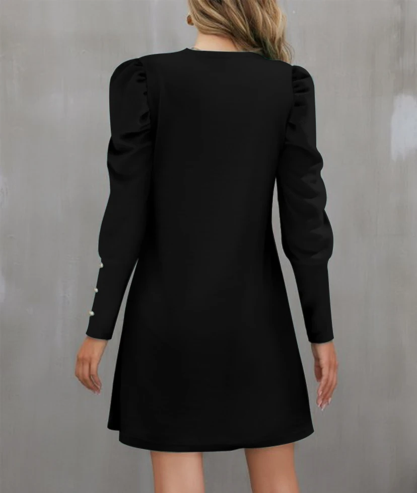 2024 European and American Cross-Border Women\'s Clothing Amazon Autumn and Winter New Pure Color Round Neck Puff Sleeve Button L