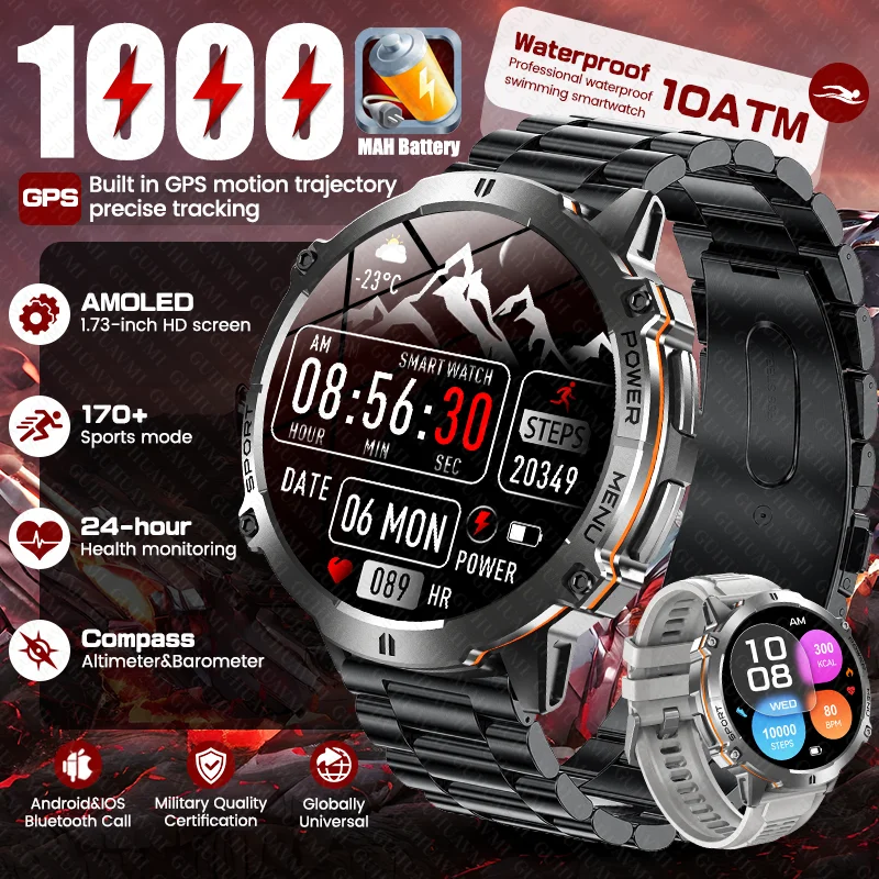 

2026New 1000mAh Ultra Long Standby Battery Smart Watch Men Outdoor GPS Compass 10ATM Waterproof Bluetooth Call Sports Smartwatch