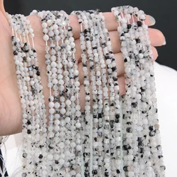 AB Natural Blue Moonstone with Black Tourmaline Faceted Round / Cube Beads 3mm,4mmFor Jewelry Making DIY Bracelets Necklace 39cm