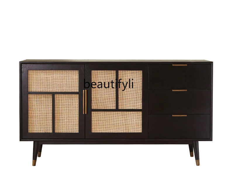 

Nordic-Style Mid-Ancient Rattan Sideboard Cabinet Oak Drawer Cupboard Solid Wood Storage Living Room Black Entrance Cabinet