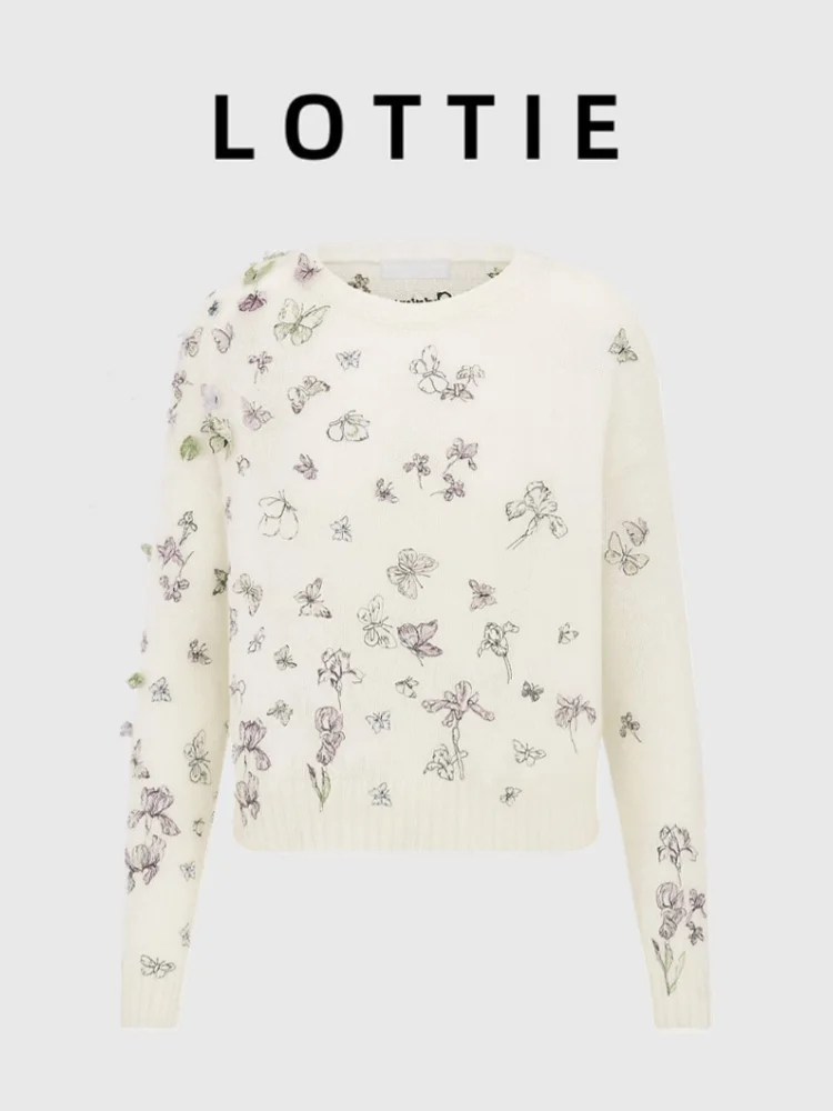 

LOTTIE зимний новый растительный цветочный вышивка 3D круглый вязаный свитер Ne женский повседневный свободный крой мягкий шерстяной длинный све