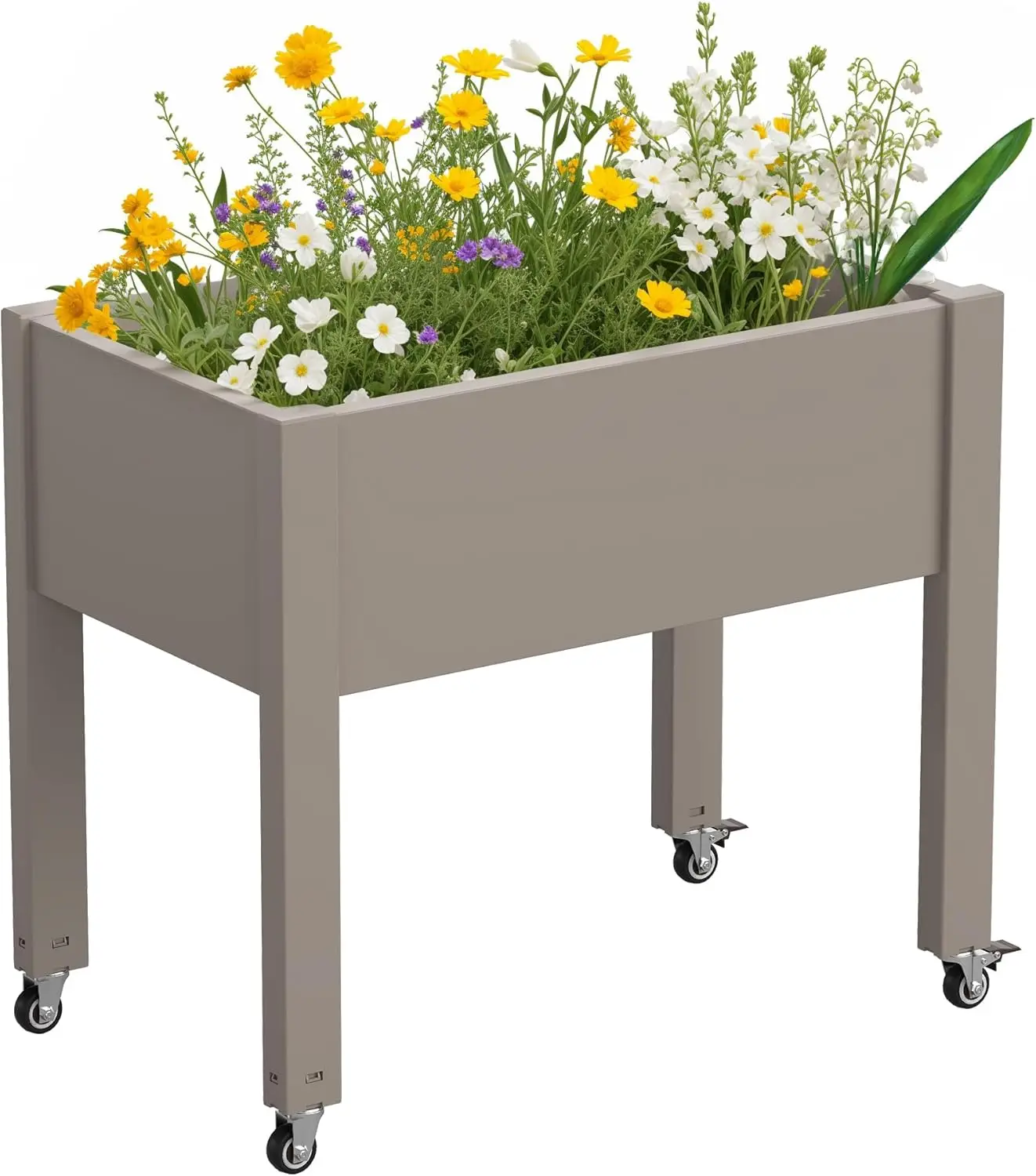 

Mobile Elevated Garden Bed with Wheels and Drainage Holes for Outdoor Plants, Gray Planter Box
