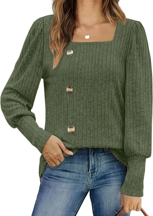 New autumn and winter square collar side slit top long sleeve versatile button loose top