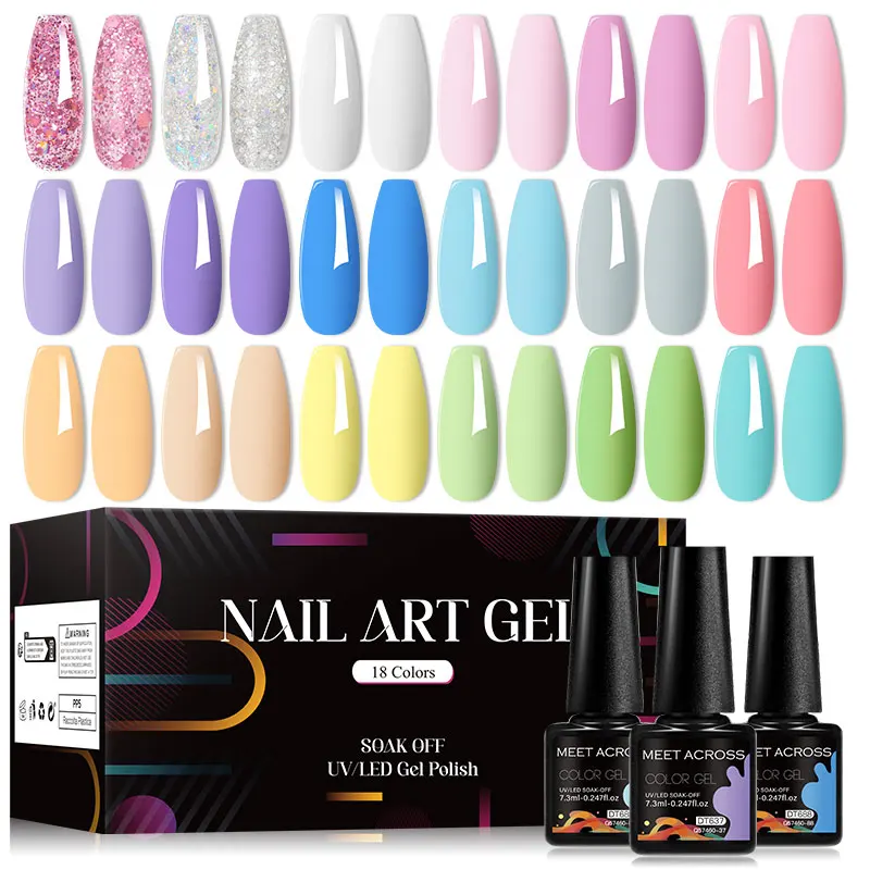 MEET ACROSS 18Pcs/Set Classic Colors Gel Nail Polish Glitter Sparkly Nail Art Semi Permanent UV Gel Varnishes Manicure For Nails