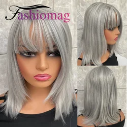 Fashiomag Medium Straight Silver Mix Gray Synthetic Hair Wigs Women Soft Natural Daily Use