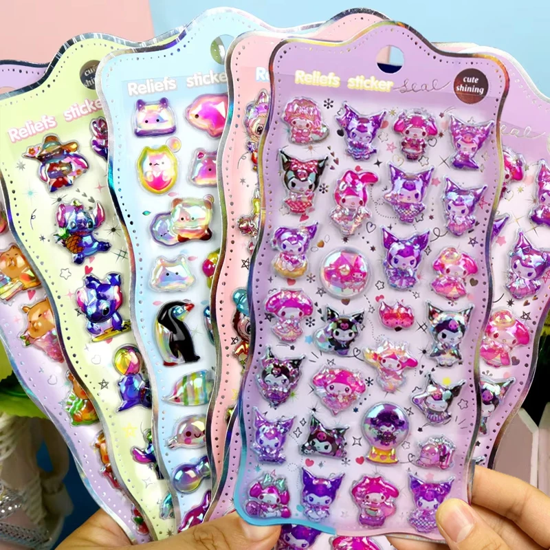 10 Pcs Hot Cartoon Colorful Capybara Stitch Kuromi 3d Relief Rainbow Sticker Sticker Elf Sky Group Cartoon Sticker Gift Hot Sell