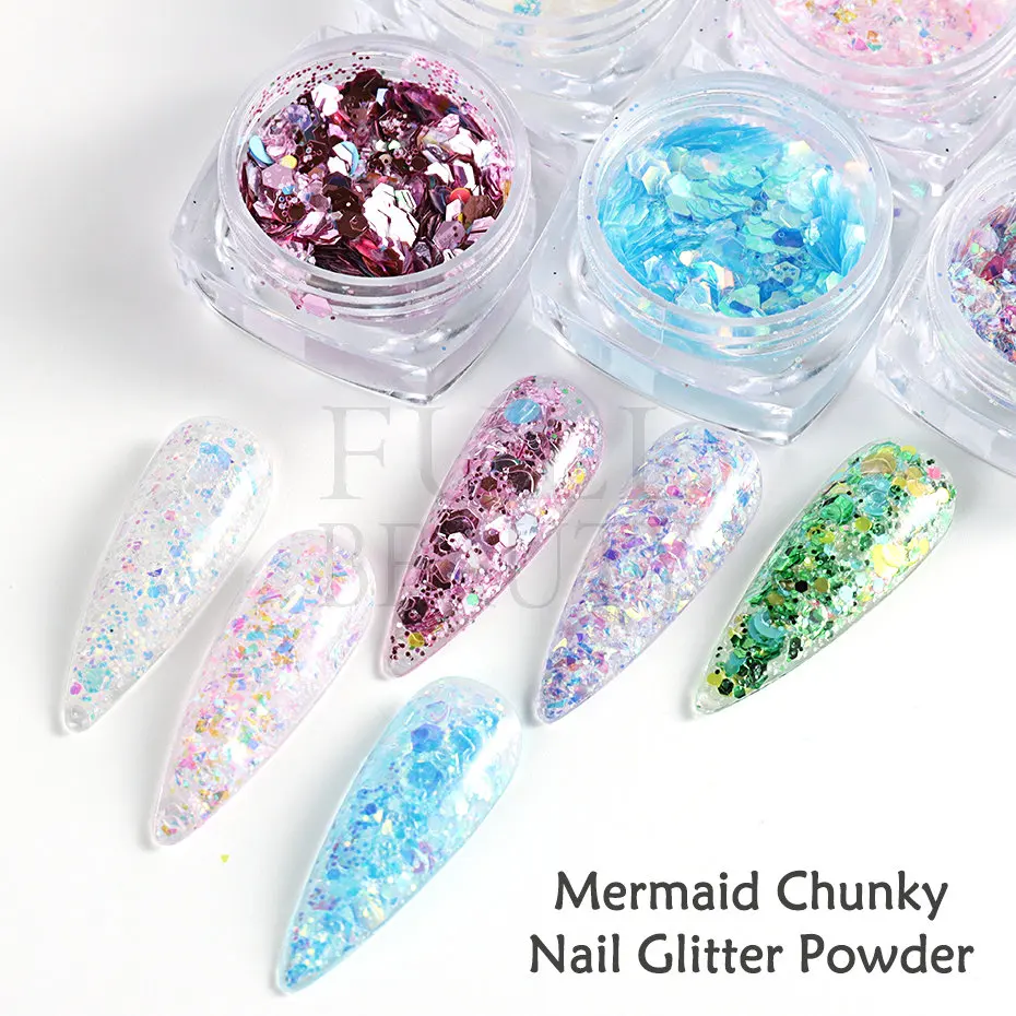 1Jar Shiny Nail Sequins Chunky Hexagon Glitter Pink Blue Summer Mermaid Aurora Flakes Manicure Sparkly Powder Paillettes ID01-06