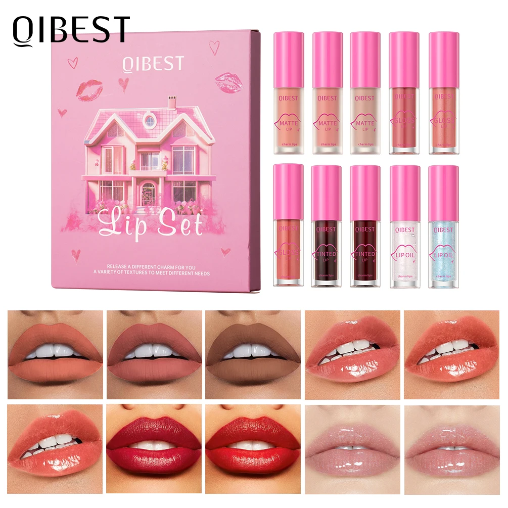 QIBEST Mirror Lip Gloss Sets Waterproof Velvet Matte Liquid Lipstick Lasting Moisturizing Sexy Red Lip Tint Makeup Lip Oil Balm