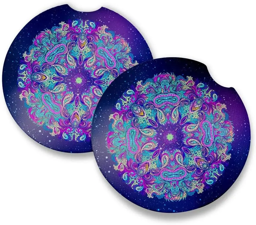 Colorful Purple Floral Car Coasters for Drinks Set of 2 Car Accessories with Absorbent Coasters Car Coaster Measures 2.56 Inch