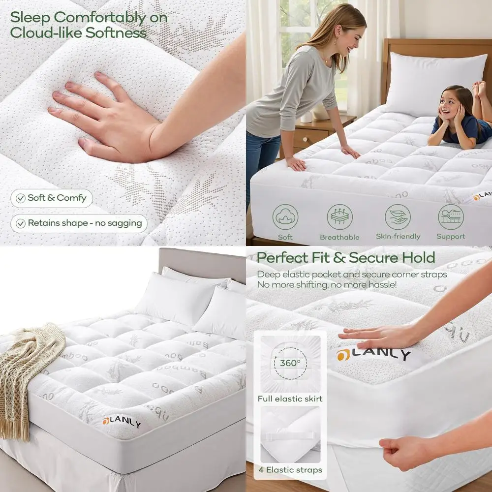 

Bamboo Viscose Cooling Pillow Top Mattress Pad for Queen - Plush Fill, Back Pain Relief, Elastic Deep Pocket, White