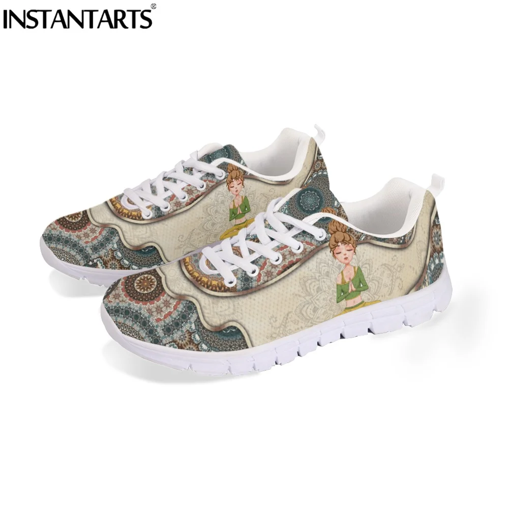 INSTANTARTS Mandala Boho Style Yoga Girl Design Ladies Flat Shoes Comfort Lace up Casual Sneakers for Women Autumn Soft Zapatos