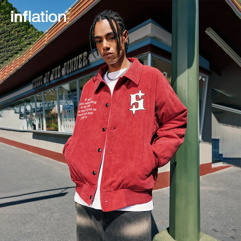 

INFLATATION Corduroy Varsity Jacket Men Bomber Coat Unisex Oversized Baseball Retro Letter Embroidery College UK Style Jacket