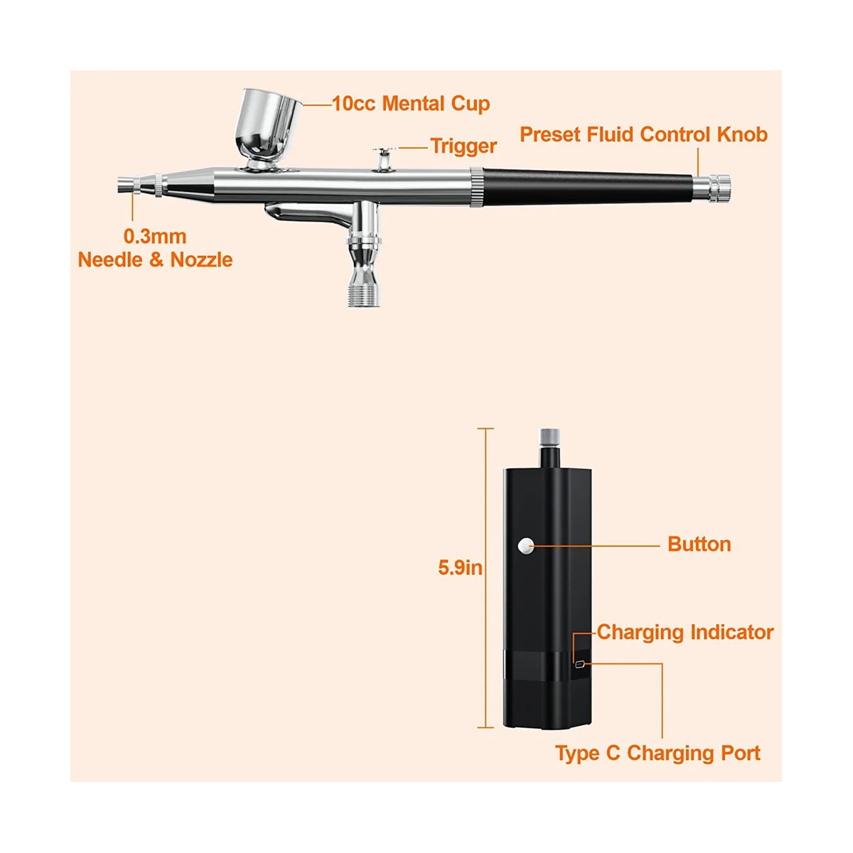 طقم بخاخ لاسلكي مع ضاغط ، مجموعة 32 PSI المحمولة ، البخاخة العمل المزدوج لفن الأظافر ، اللوحة ، ديكور