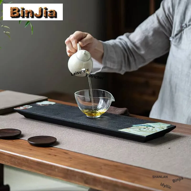 Ancient Blacklong Bar Dry Bubble Plate Chinese Solid Wood Brew Table Tea Tray Teapot Cover Bowl Holder Teaware Furniture Craft