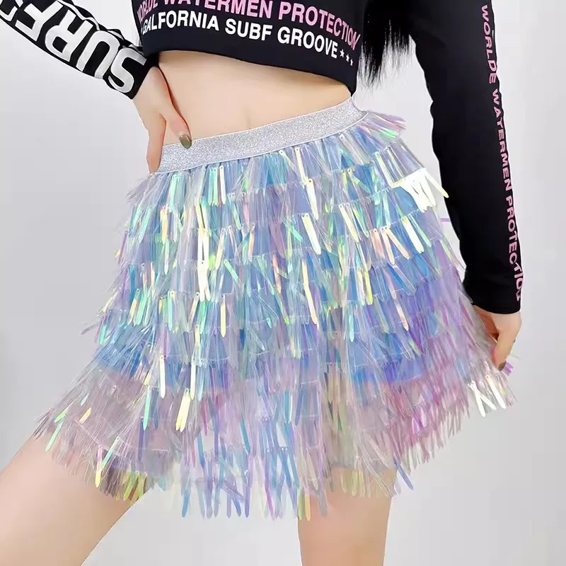 Girls Chic Live Show Dance A Line Elastic Skirt Laser Sympony Hologram Elastic Waist DJ Club Sexy Costumes