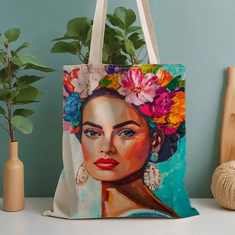 A Floral headpiece character pattern canvas tote bag, suitable for daily use, shopping, school, and travel