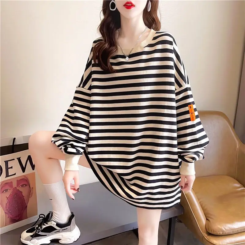 Fashion Printed O-Neck Striped Lantern Sleeve T-Shirt Female Clothing 2023 Autumn New Casual Pullovers All-match Tee Shirt