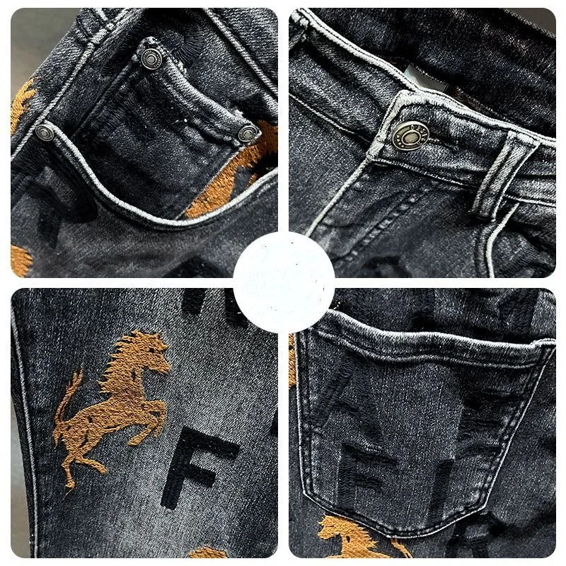Men's Clothing Spring and Autumn high quality Embroidered Jeans Fashion Brand Handsome All-match Stretch Slim-fit Trousers