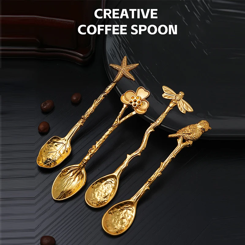 Cuchara de café de Metal Retro, ramas de libélula, forma de hojas, helado, pastel, postre, leche, cuchara mezcladora, utensilios de cocina, vajilla