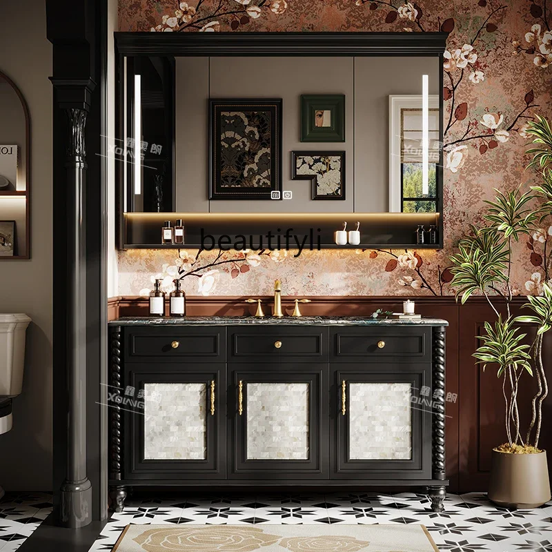 

French retro bathroom cabinet combination solid wood carved washbasin floor cabinet