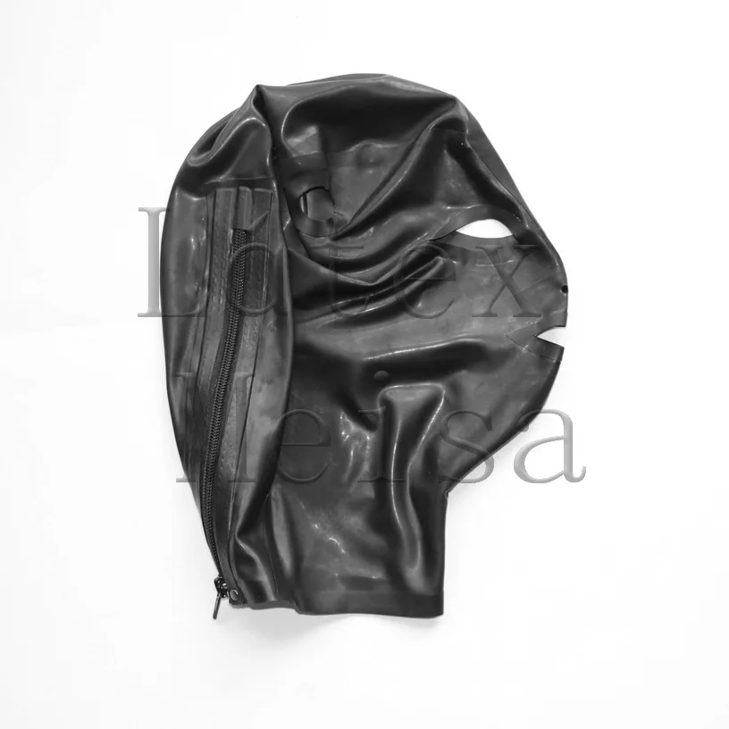 

Zentai Latex hoods open hair holes in black color with back zip for adults