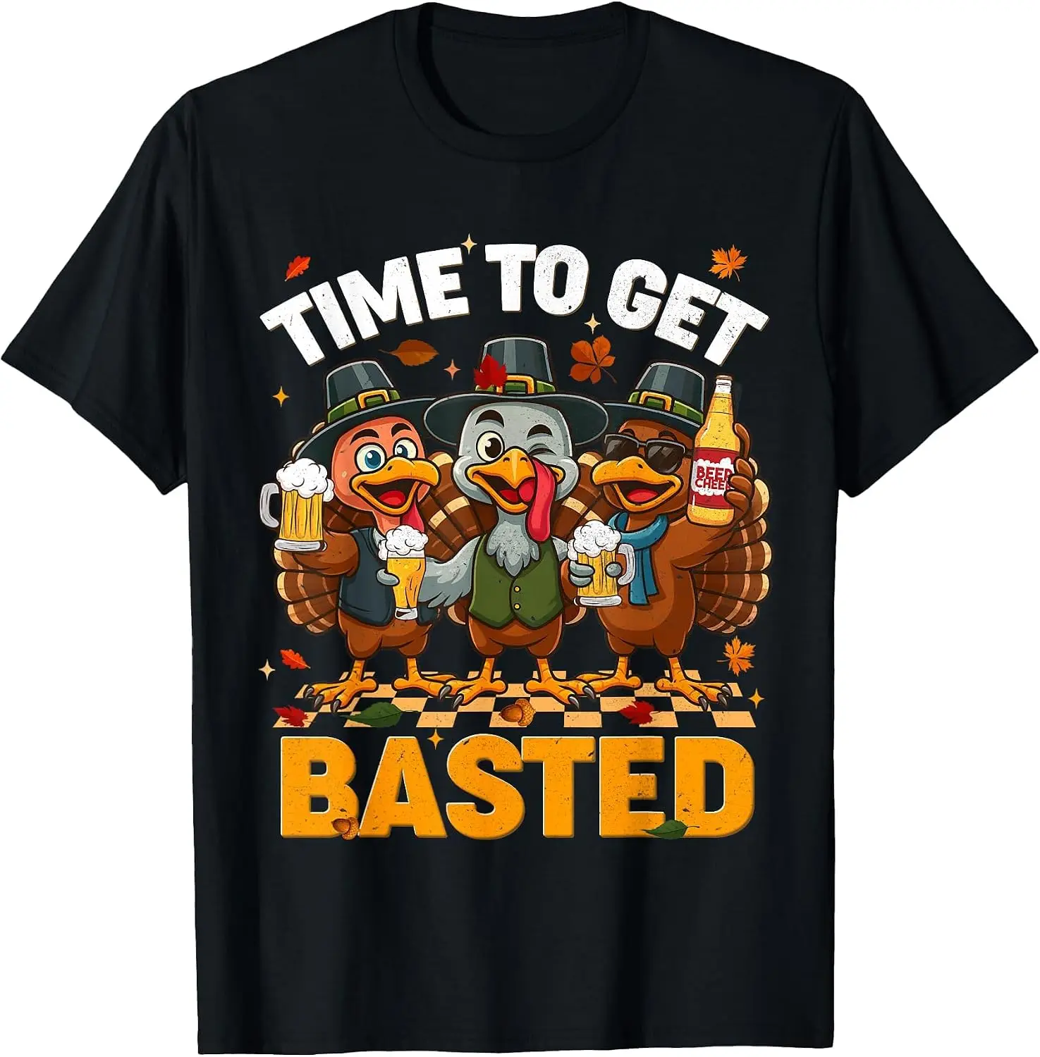 Time To Get Basted Funny Turkey Drink Fall Thanksgiving Men T-Shirt Men's Thanksgiving Day Retro Graphic Print T‑Shirt, Casual Short Sleeve Crew Neck Cotton Tee, Autumn Fall Holiday Daily Party Tops for Men.