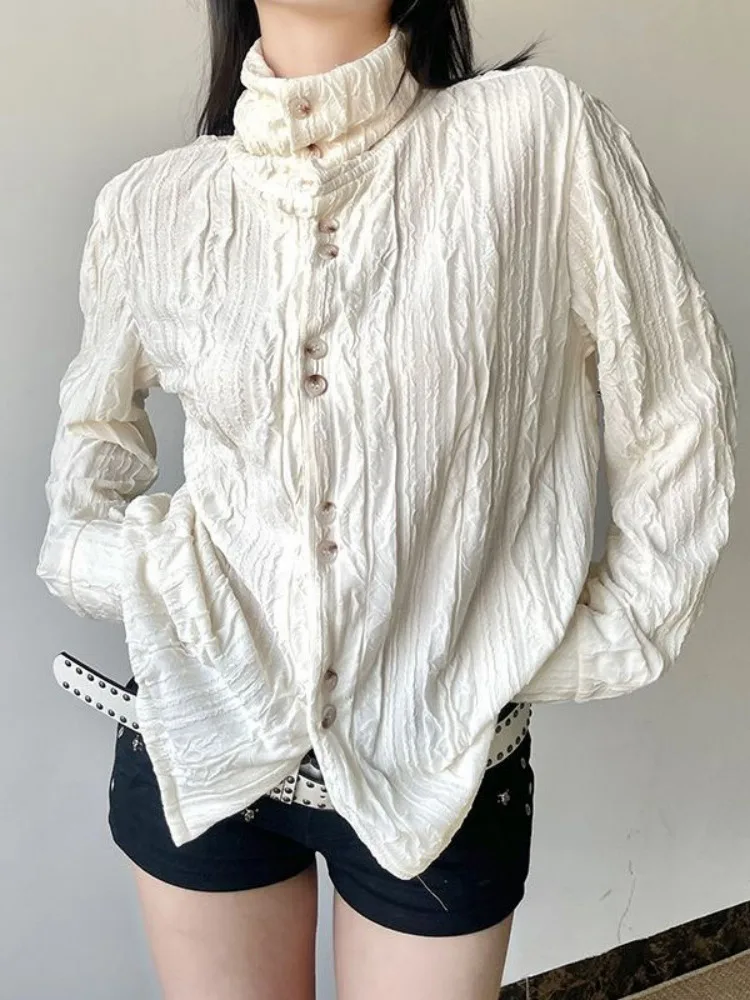 

Women Shirts 2025 Autumn Women's High Neck Shirt Single Breasted Button Design Textured Ruched Long Sleeve Stand Up Collar Top