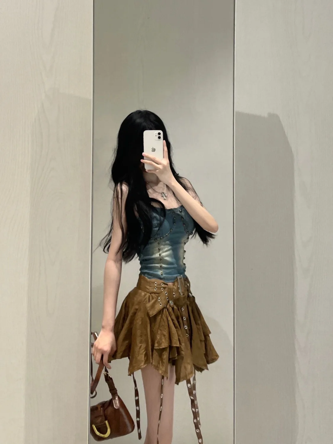 New Style Fashion Heavy Slim Fit Denim Camisole Vest High Waist Irregular Ruched Skirts 2024 Spring New Two Piece Sets