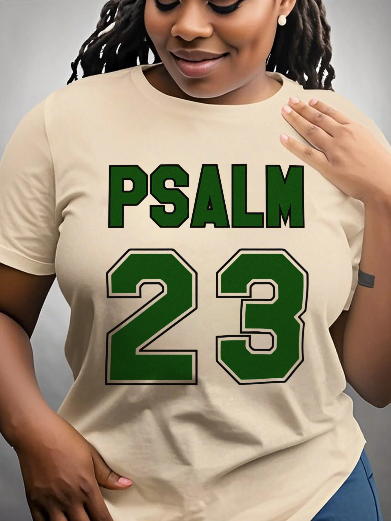 Psalm 23 Jersey Premium Women's T-shirt Summer Casual Short Sleeve Round Neck with Bold Green Lettering Women's Clothing Tee Top
