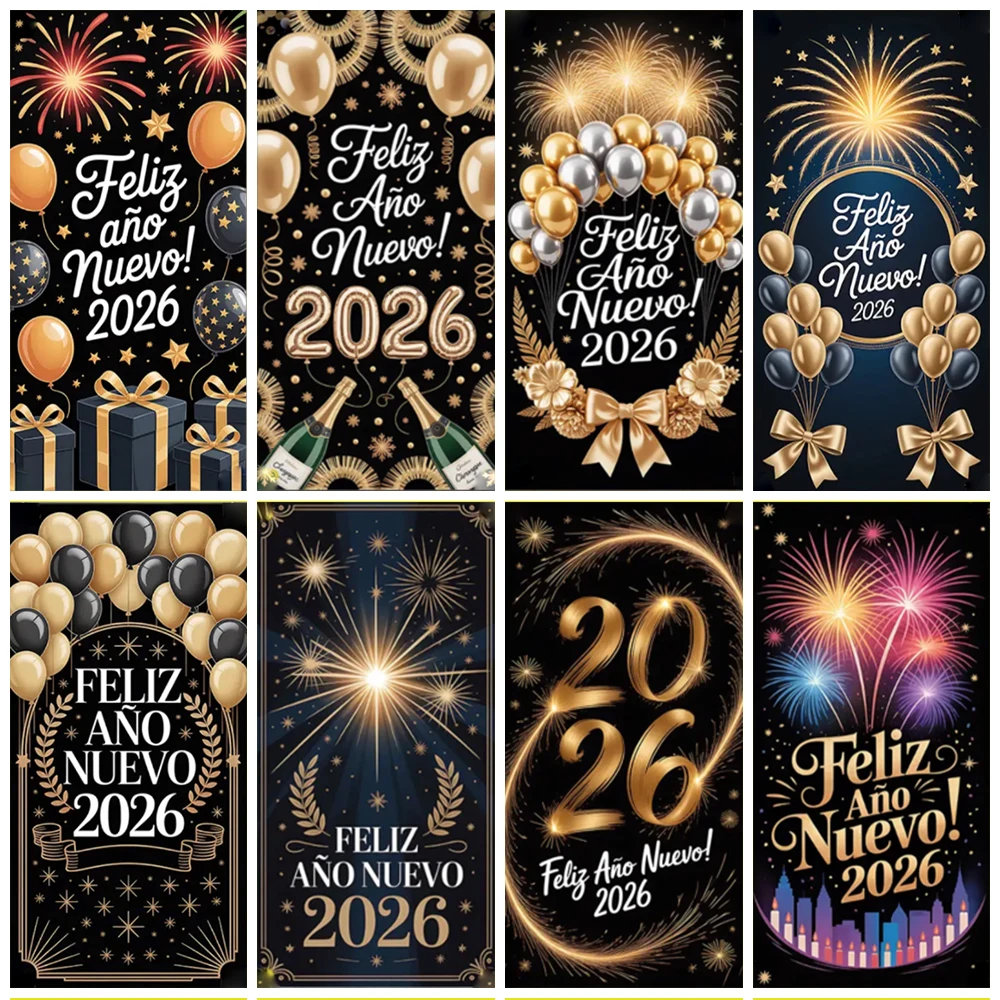 

2026 New Year Theme Background Black Gold Urban Gorgeous Door Banner Gift Party Decoration Backdrop Spanish Baby Shower Supplies