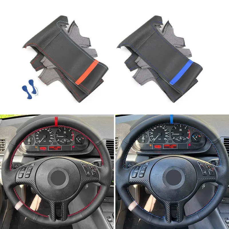 Car Inner Steering Wheel Cover For BMW 3 5 Series E46 2000-2004 E39 X5 E53 Z3 E36 Perforated Leather w/Needles & Threads Kits
