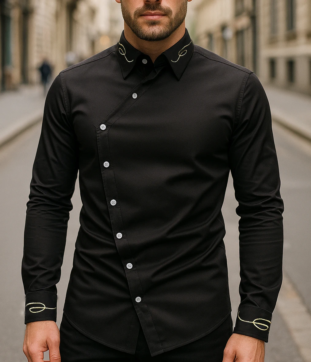 

Men's Casual Shirt Long Sleeve Slim Fit Personality Oblique Button Irregular Design plus Size Male Clothing