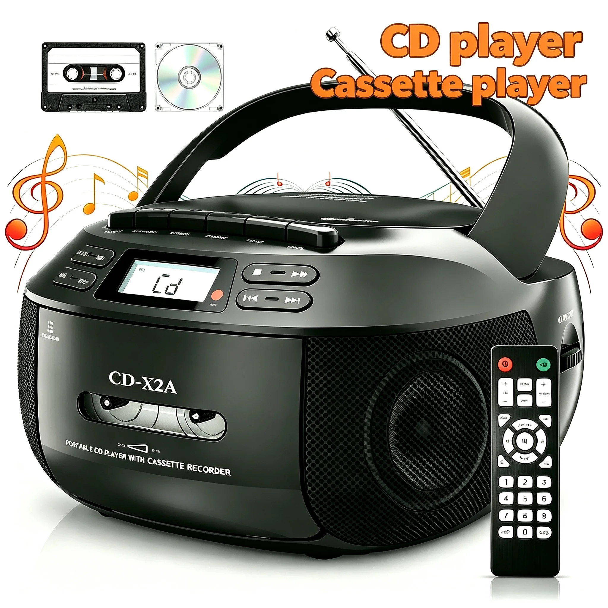 Portable CD Player With Bluetooth AM/FM Radio Versatile Playback Options Built-in Speaker USB MP3 with tape player and recording