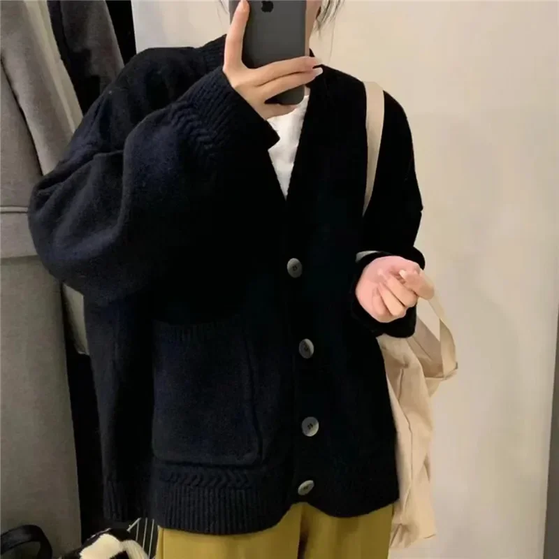 싱글 브레스티드, 단색, 레이지 윈드, 오픈 스티치 2025 여성용 빅 포켓 니트 가디건 스웨터, 숏 탑스, 브이넥