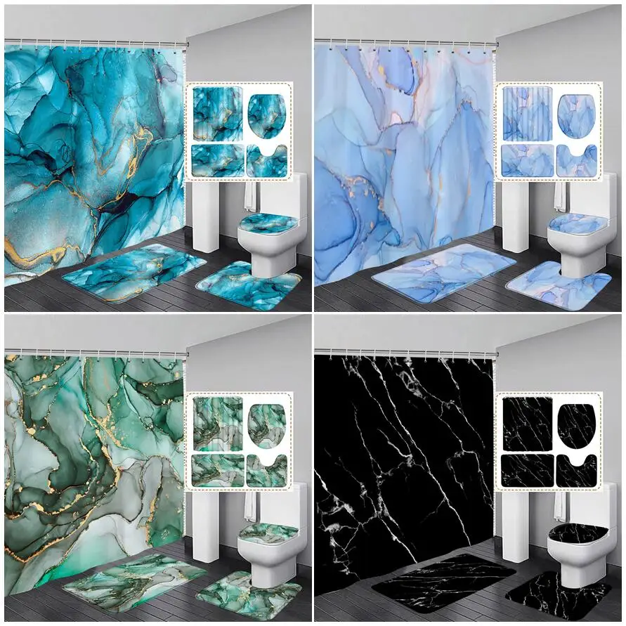 Abstract Marble Shower Curtain Set Blue Green Black Print Modern Geometric Bathroom Decor Non Slip Rug Bath Mat Toilet Lid Cover