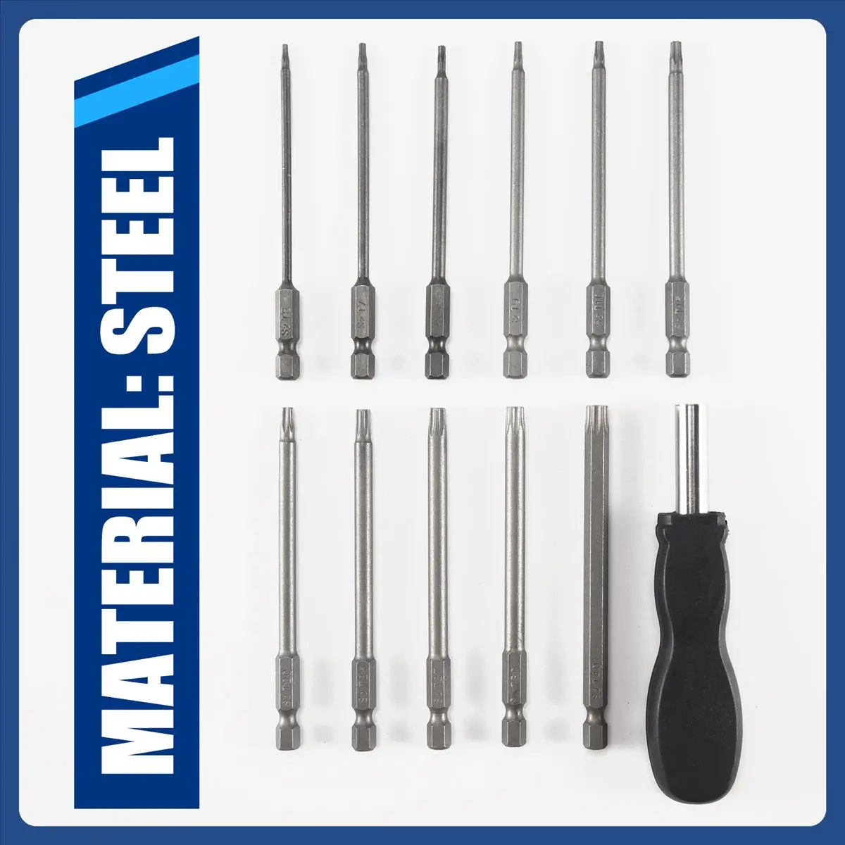 #29P 11 Pack 75mm Torx Head Bit Set Hex Shank T6-T40 Star with 1 Handle,Torx Head Screwdriver Bit,(steel)