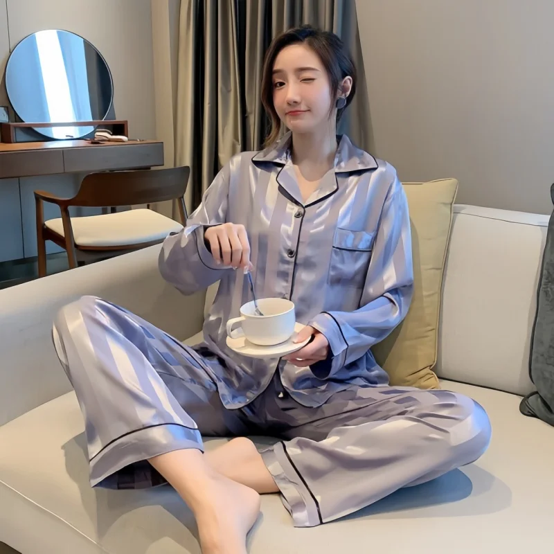 

Spring Autumn Women's Luxury Imitation Silk Pajamas Long Sleeve Cardigan Pants Two Piece Set Striped Jacquard Home Clothing