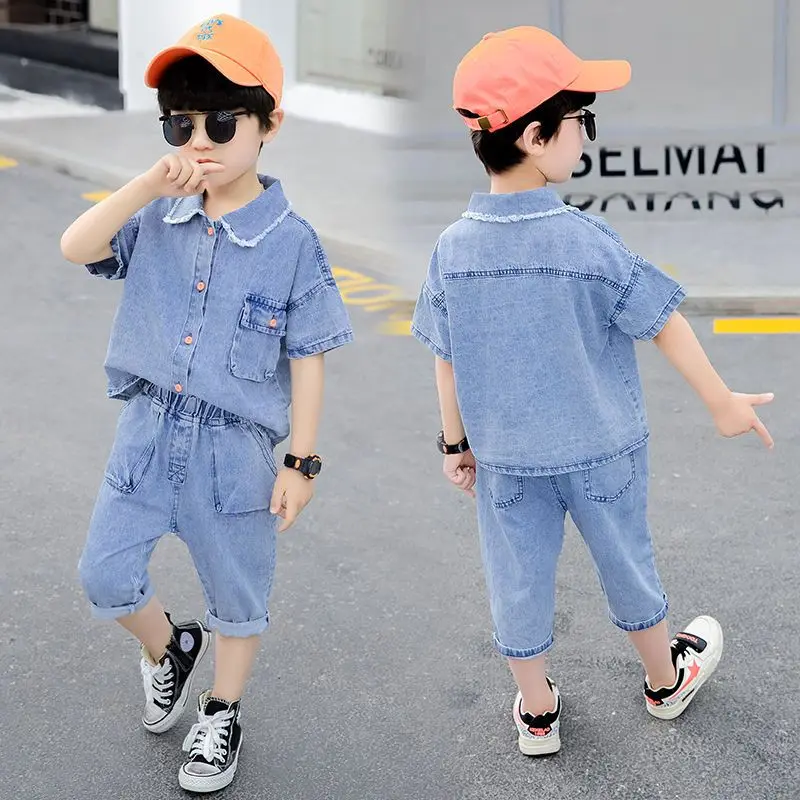 

Summer Seven Point Pants Short Sleeves Denim Cool Korean New Kid Suit Boy Girl Teens Cool Tide Popular Children Casual Sport Tee