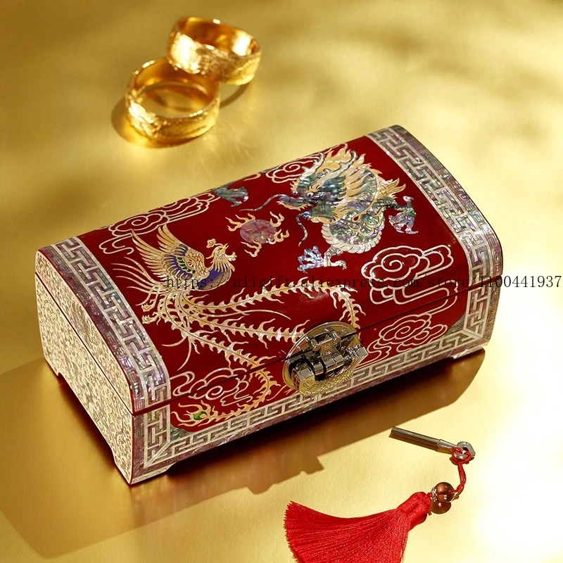

Chinese Lacquer Jewelry Box with Mother-of-Pearl Inlay Lock Wooden Jewelry Organizer Elegant Wedding Gift Box Bridal Dowry Chest