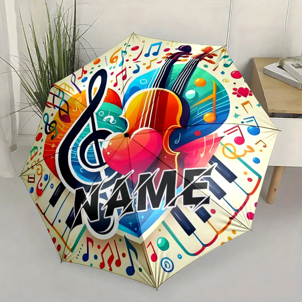Custom Name Umbrella, Colorful Musical Violin Design with Notes and Heart Motif Folding Umbrella for Sunny and Rainy,Gift
