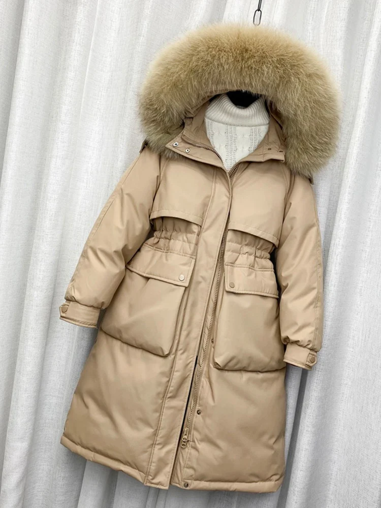 

Fitaylor Winter Large Natural Fur Collar Hooded Feather Jacket Women Down Long Coat High Waist Warm Outwear Waist Retractable