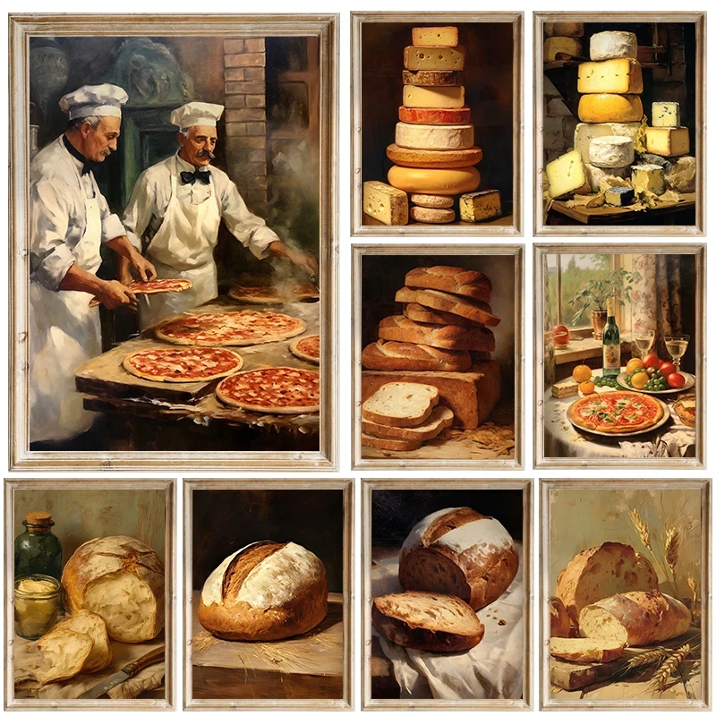 Pizza Cheese Sourdough Bread Strawberry Retro Food Poster Prints Canvas Printing Wall Cooking Art Picture for Kitchen Home Decor