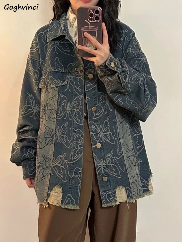 

Ripped Design Jackets for Women Denim Jacquard Printed American Retro Autumn Streetwear Students Classic Prevalent Daily Coats