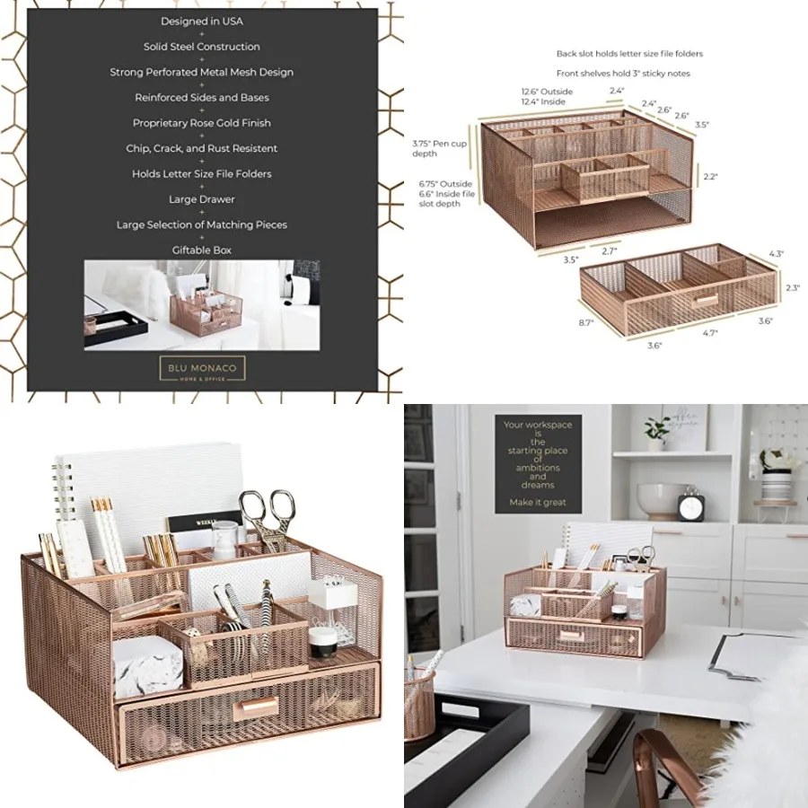 

Large Rose Gold Desk Organizer 12-Compartment Metal Mesh Desktop Organizer with Drawer Office Supplies and File Holder for Home