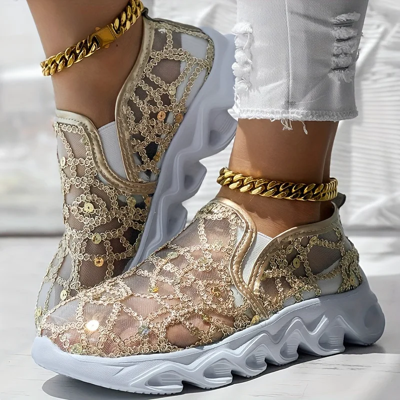 

Thick-soled Mesh Breathable One-step Casual Single Shoe for Women 2026 Spring New Large-sized Sequined Sneaker Single Shoe，37-43