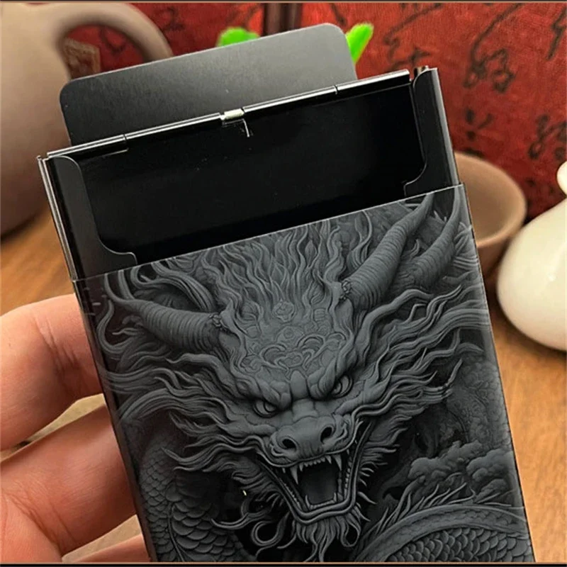 Chinese Dragon Cigarette Box Black Fashion Luxury Aluminum Alloy Cigarette Case Holds 20 Cigarettes Smoking Accessories