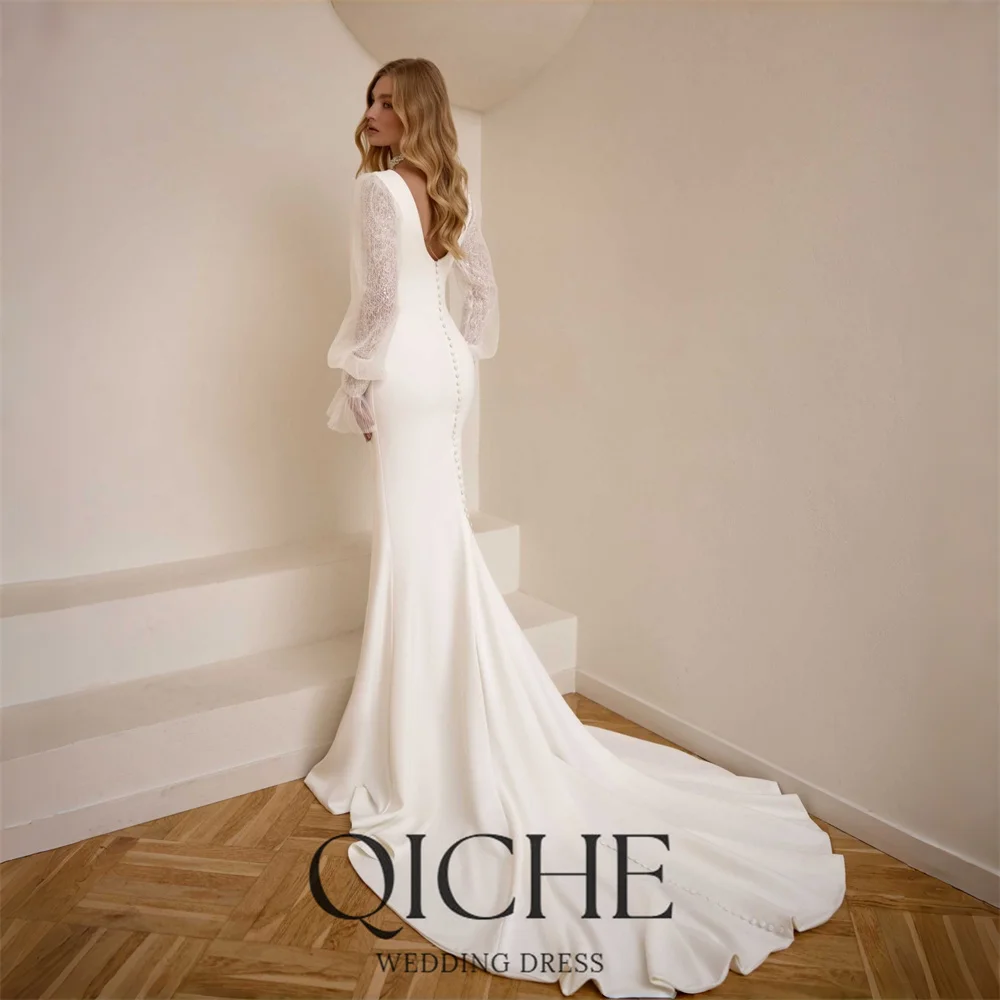 QICHE Modern Long Sleeves Mermaid Wedding Dresses Women 2026 O-Neck Lace Open Back Bridal Gowns Vestidos De Noiva Customized