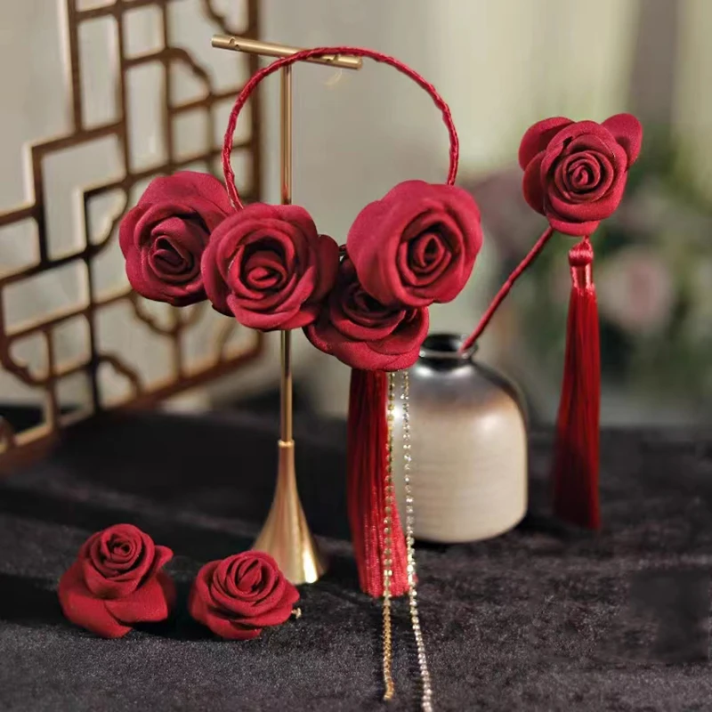 Chinese Style New Fashion Red/White Cloth Roses Flower Bride Wedding Hair Jewelry Accessories Wedding Party Banquet Head Decorat