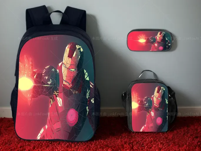

Elementary Kids Canvas Bookbag 3Pcs Set-Superhero Iron Man Backpack with Lunch Box,Pen Case,Student Classic Knaspack for School