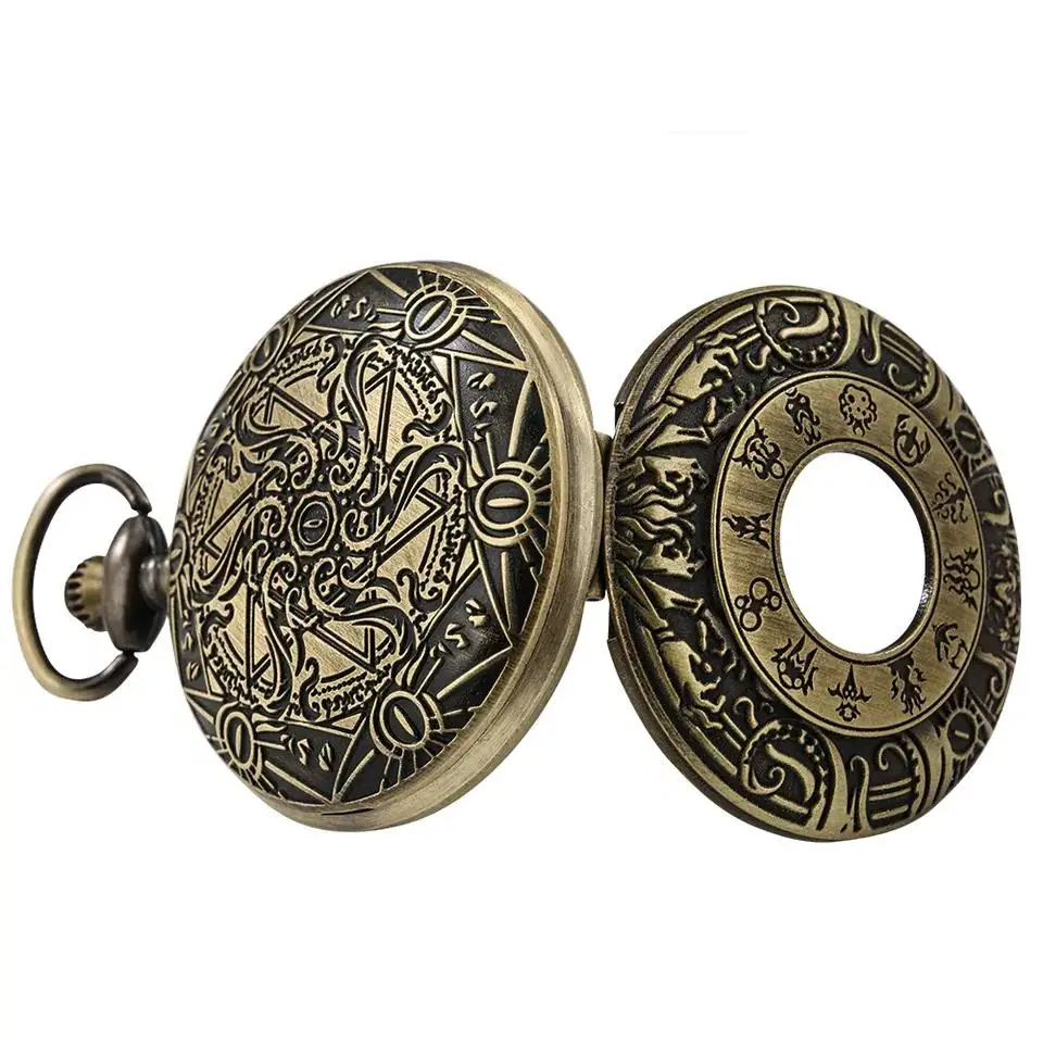 Orologio da tasca meccanico Cthulhu Vintage Steampunk Flip Cover da collezione con catena e scatola in denim - Rame antico/nero/dorato